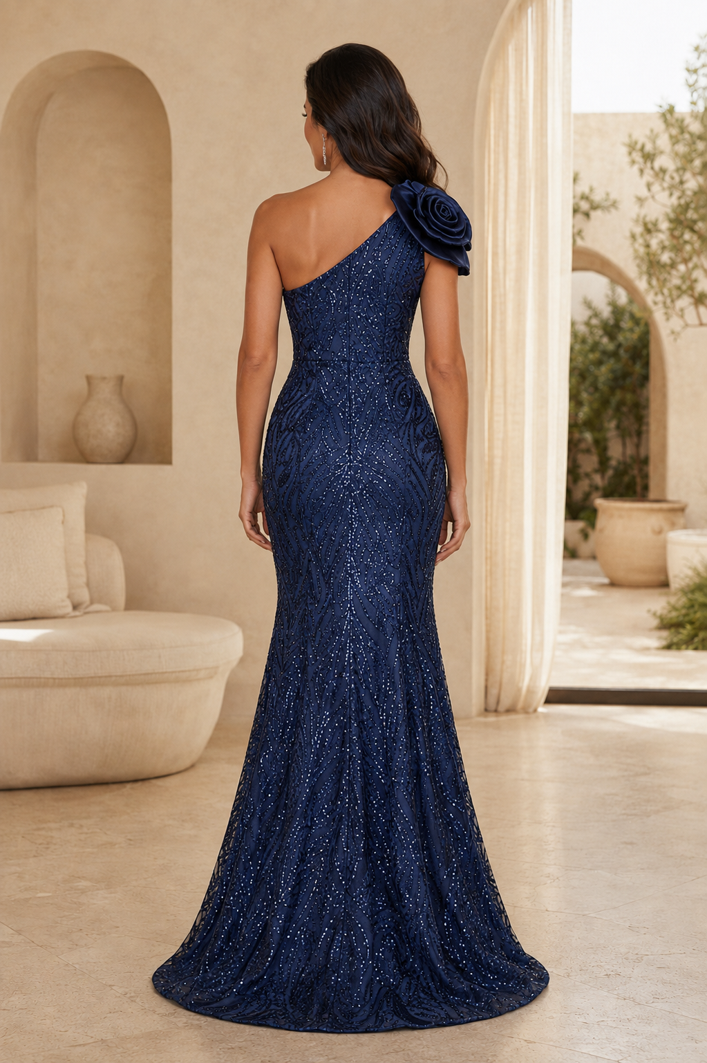 One-Shoulder Rosette Sequin Mermaid Gown