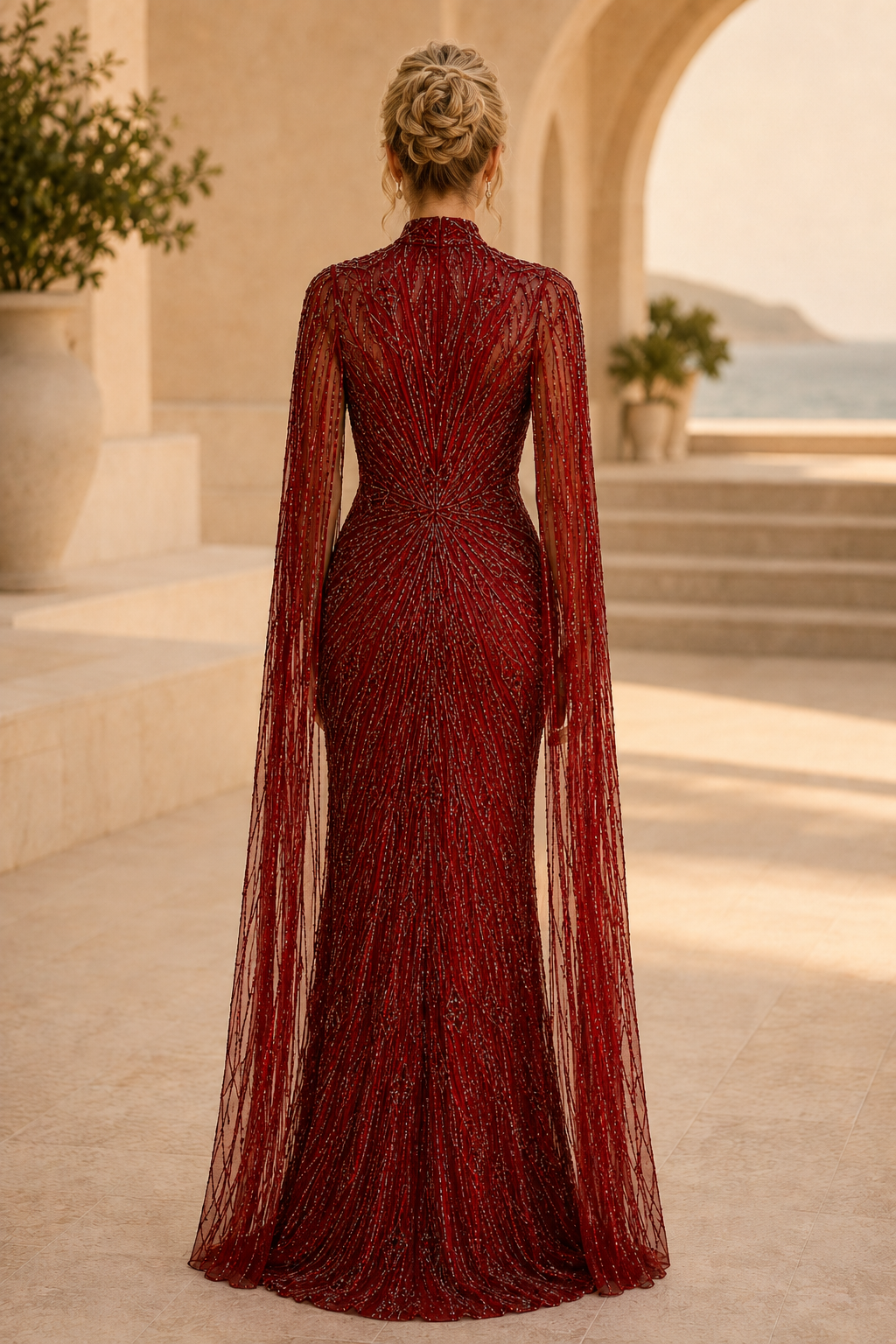 Perlenbesetztes hochgeschlossenes Kleid mit Cape-Ärmeln