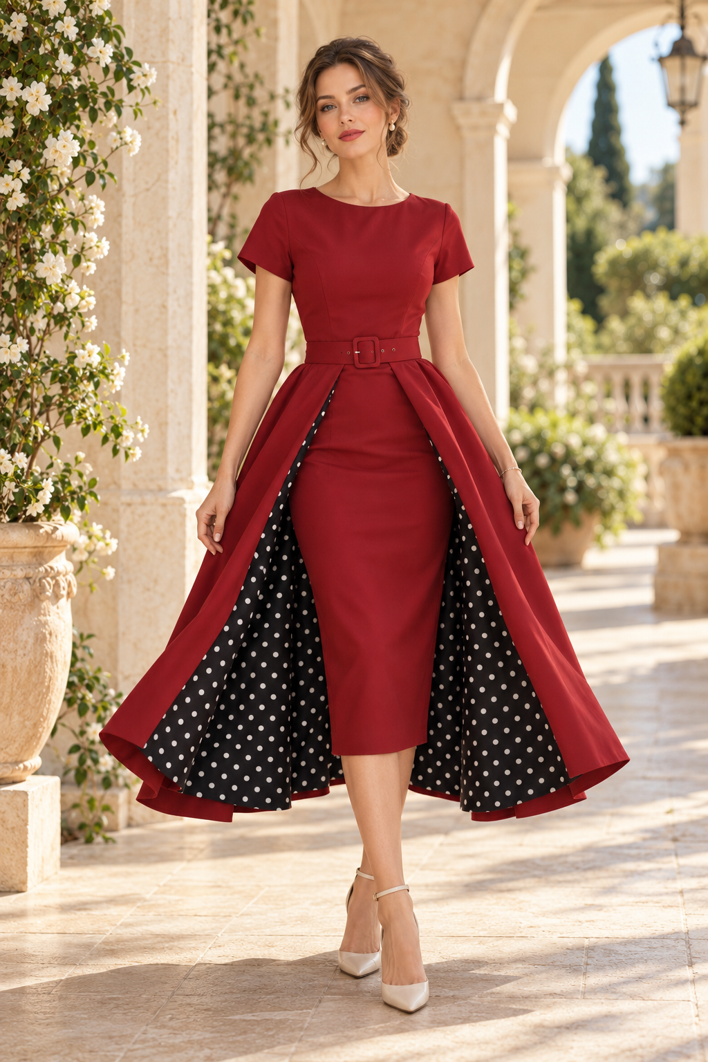 Belted Midi Dress with Polka Dot Lined Overskirt