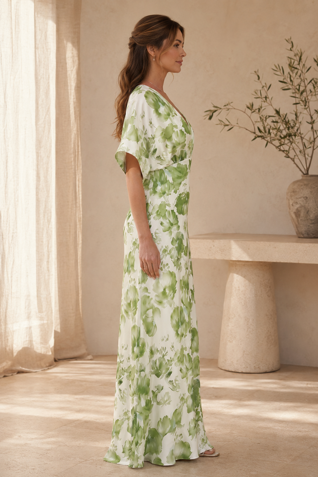 Floral Print Maxi Dress with Deep V-Neck & Flutter Sleeves