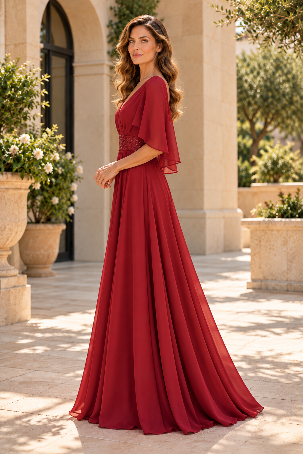 Flutter Sleeve V-Neck A-Line Gown with Beaded Waist