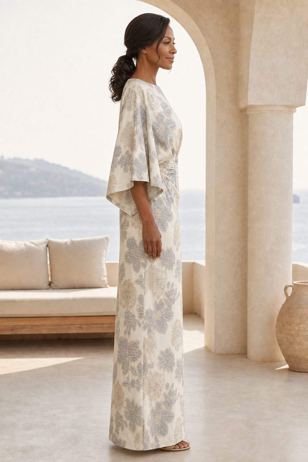 Floral Jacquard Sheath Gown with Bell Sleeves