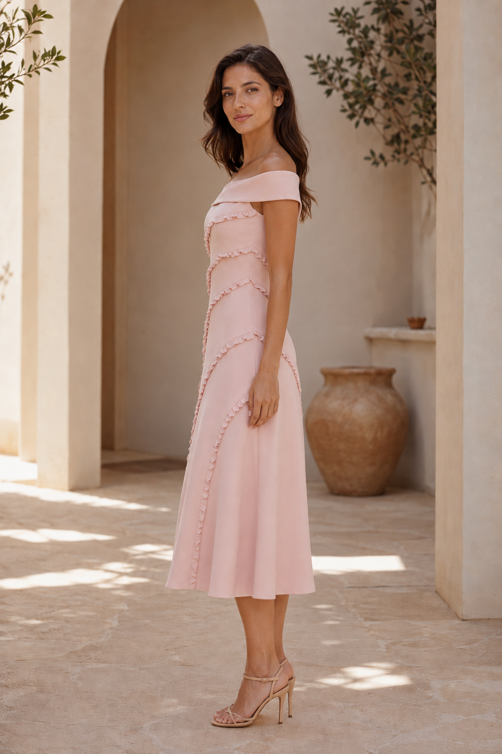 Off-the-Shoulder Midi Dress with Spiral Ruffle Trim