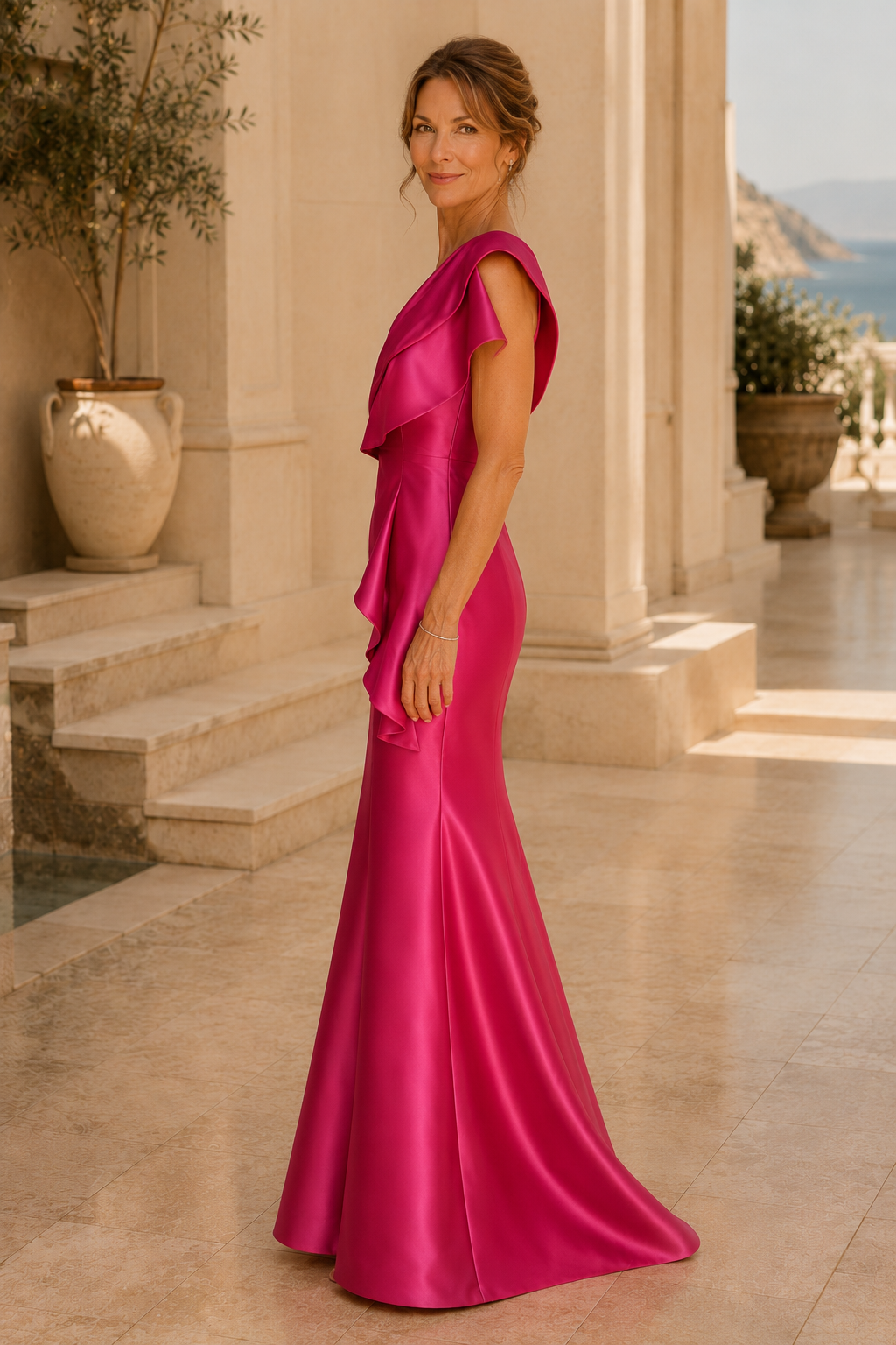 Ein-Schulter-Abendkleid aus Satin mit Rüschen und Meerjungfrauen-Schnitt