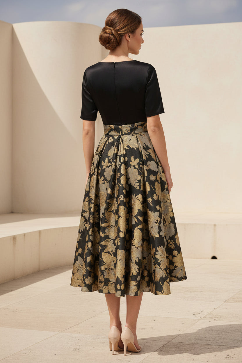 Floral Jacquard A-Line Tea-Length Dress with Bow