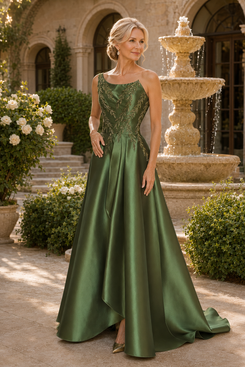 One-Shoulder Beaded Satin A-Line Evening Gown