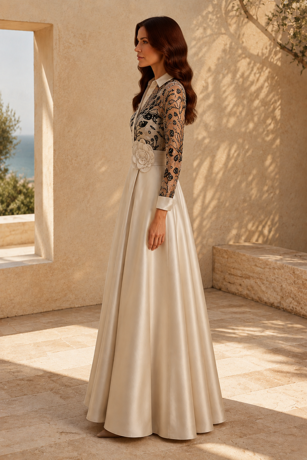 Beaded Shirt-Collar A-Line Gown with 3D Floral Waist