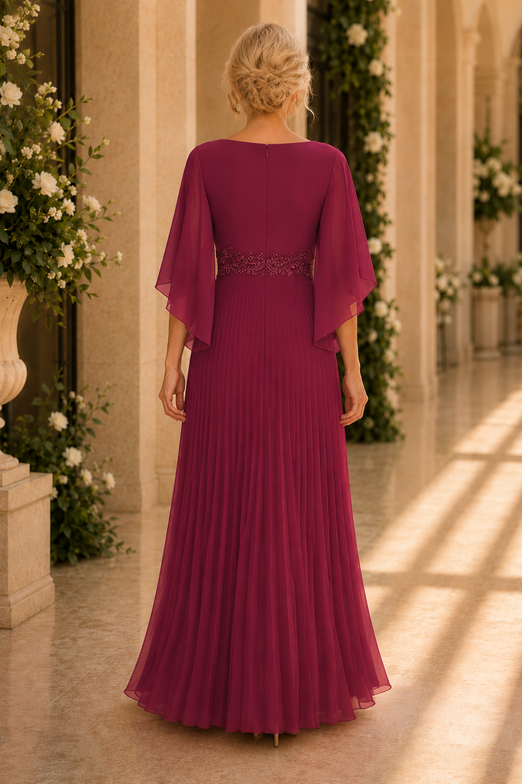 Pleated Chiffon A-Line Gown with Flutter Sleeves