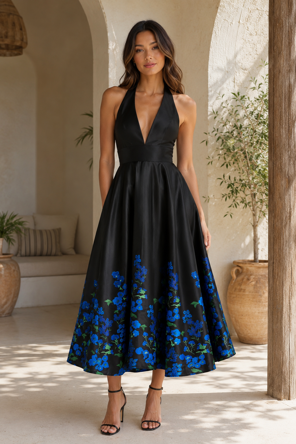 Halter V-Neck Floral Print Satin Midi Dress