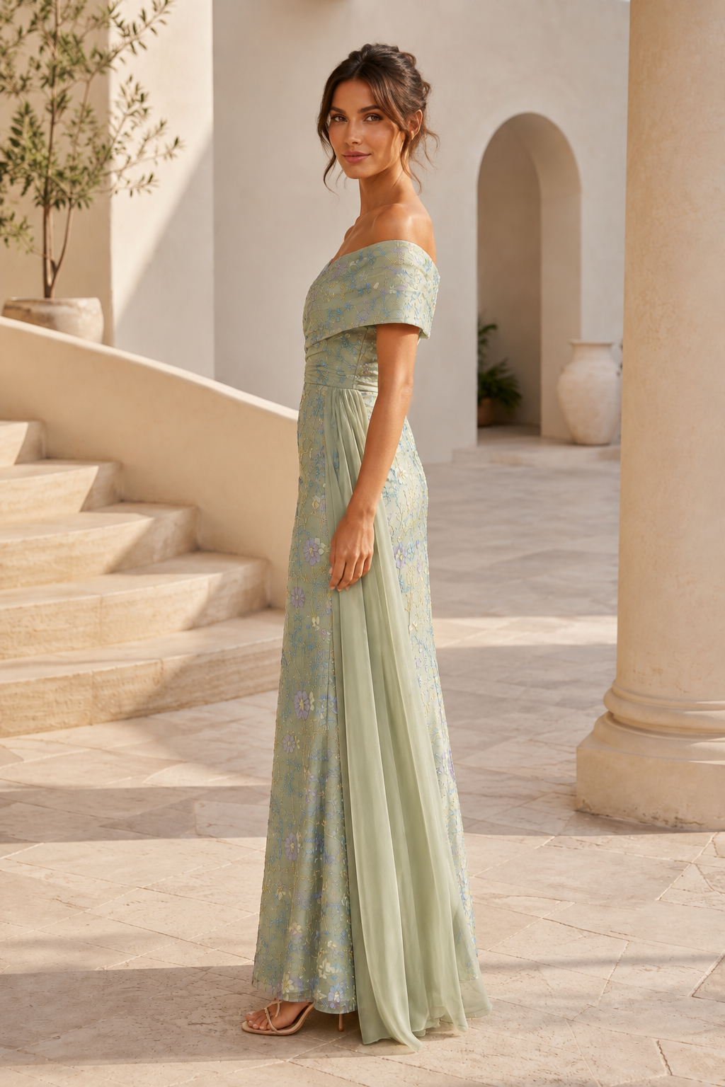 Off-Shoulder Floral Jacquard Sheath Gown with Chiffon Train