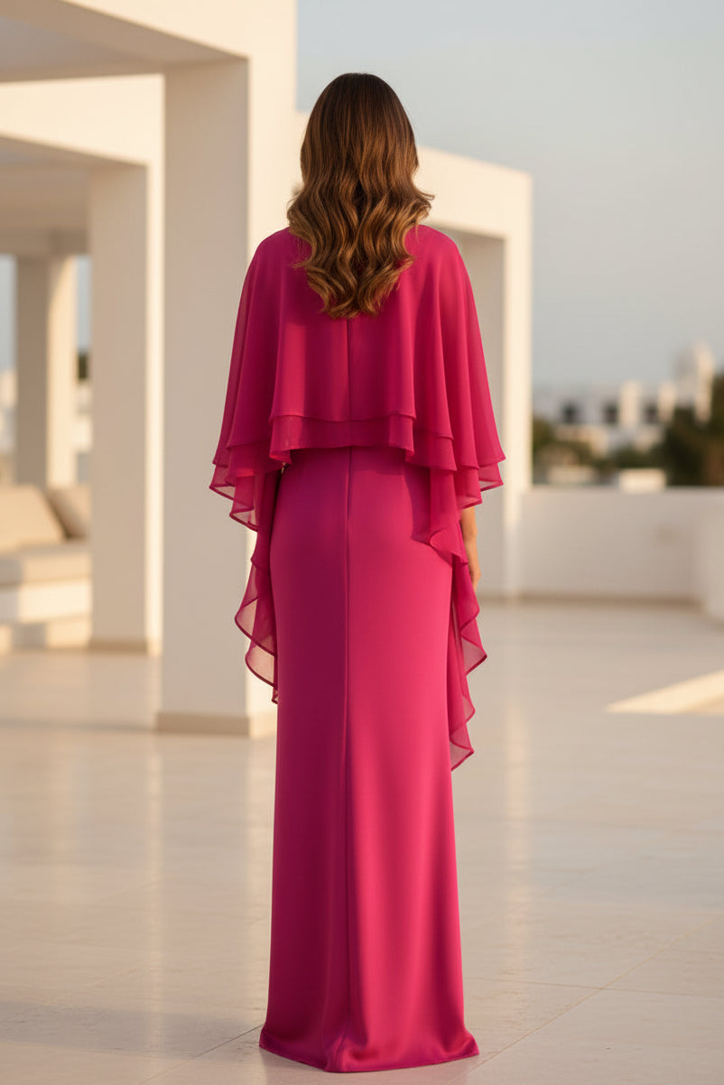 Cape Sleeve Chiffon Floor-Length Evening Gown