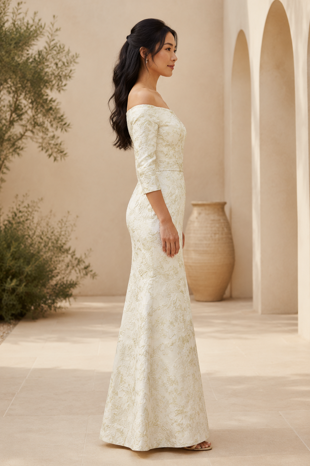 Off-the-Shoulder Metallic Jacquard Mermaid Gown