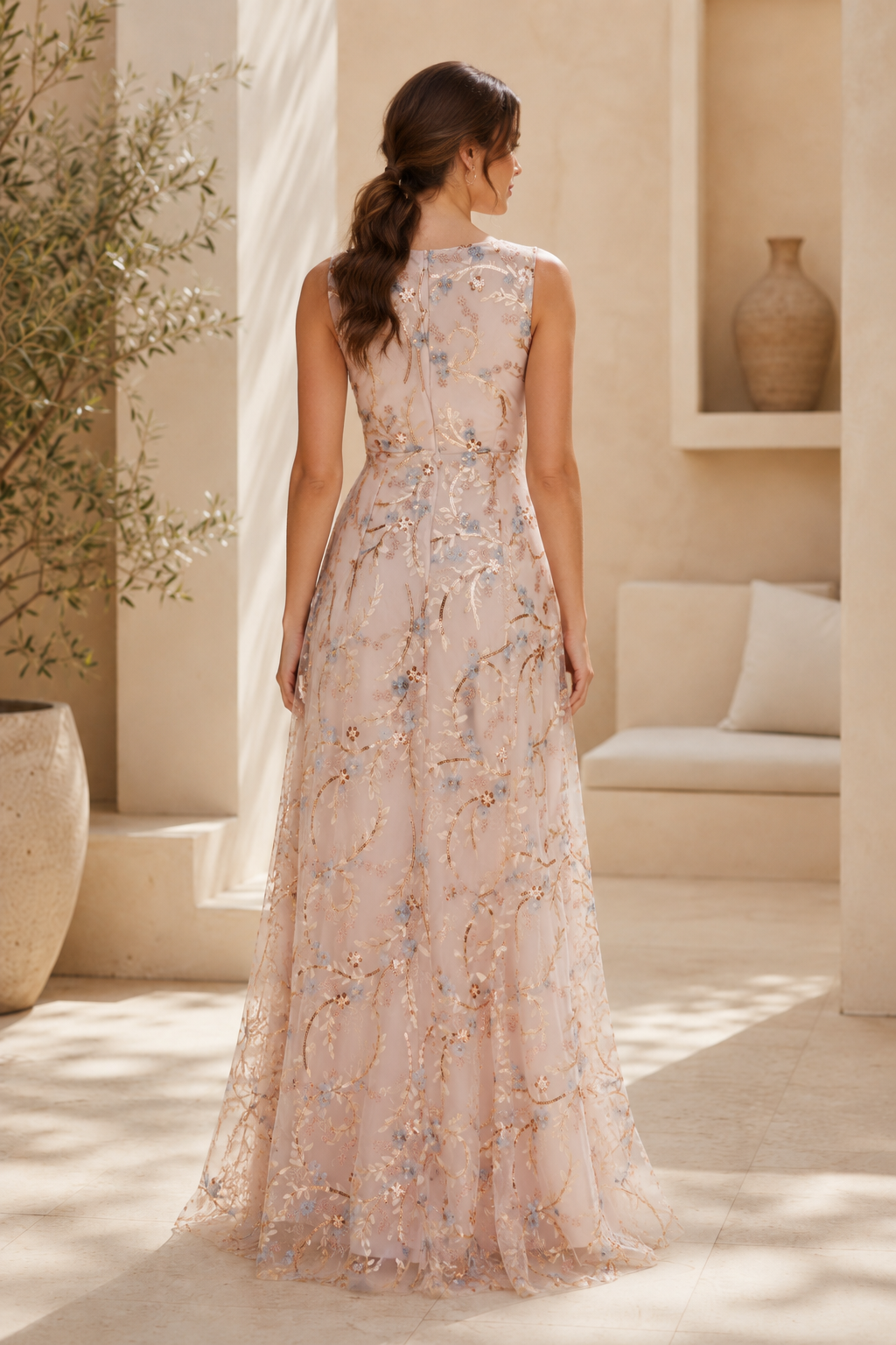 Floral Embroidered Mesh A-Line Evening Gown