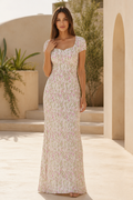 Floral Print Sweetheart Cap Sleeve Maxi Dress