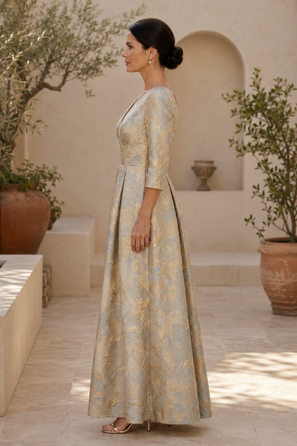 Floral Jacquard A-Line Gown with V-Back, 3/4 Sleeves