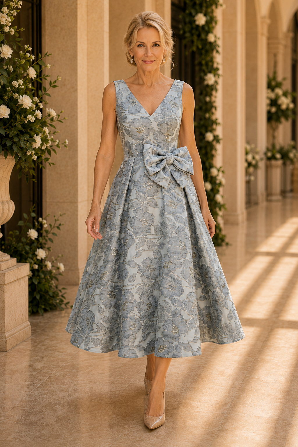 Floral Jacquard Tea-Length Dress with Bow