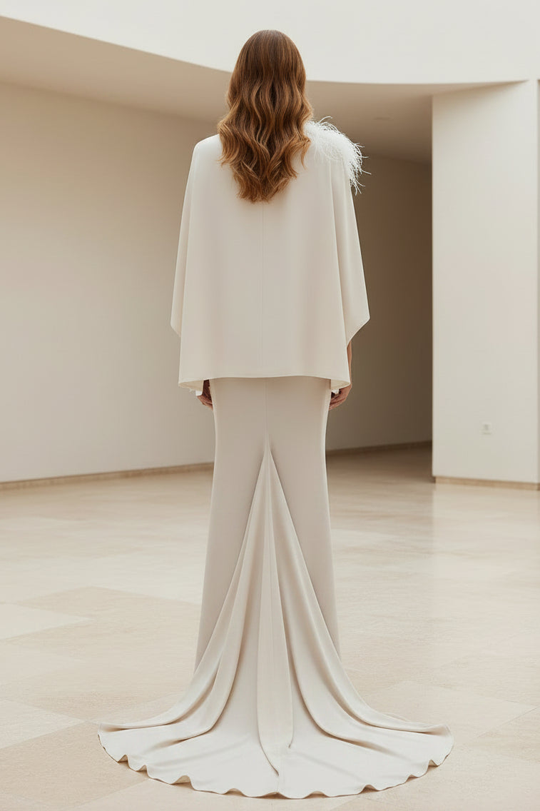 Asymmetrical Two-Piece Crepe Gown with Feathers