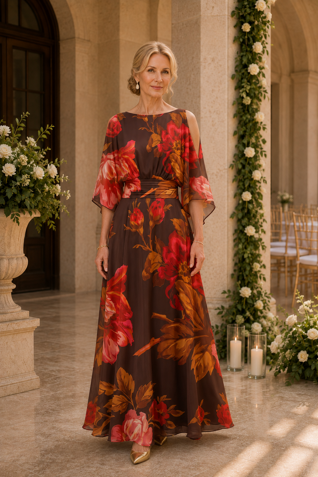 Floral Print Cold Shoulder A-Line Maxi Dress