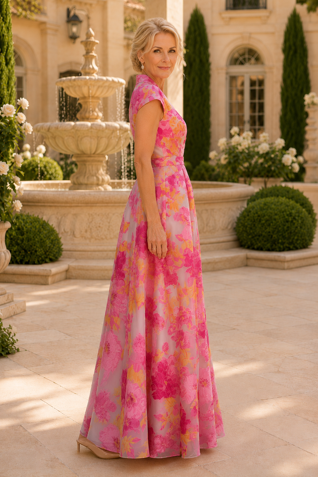 Floral Collared V-Neck A-Line Evening Gown