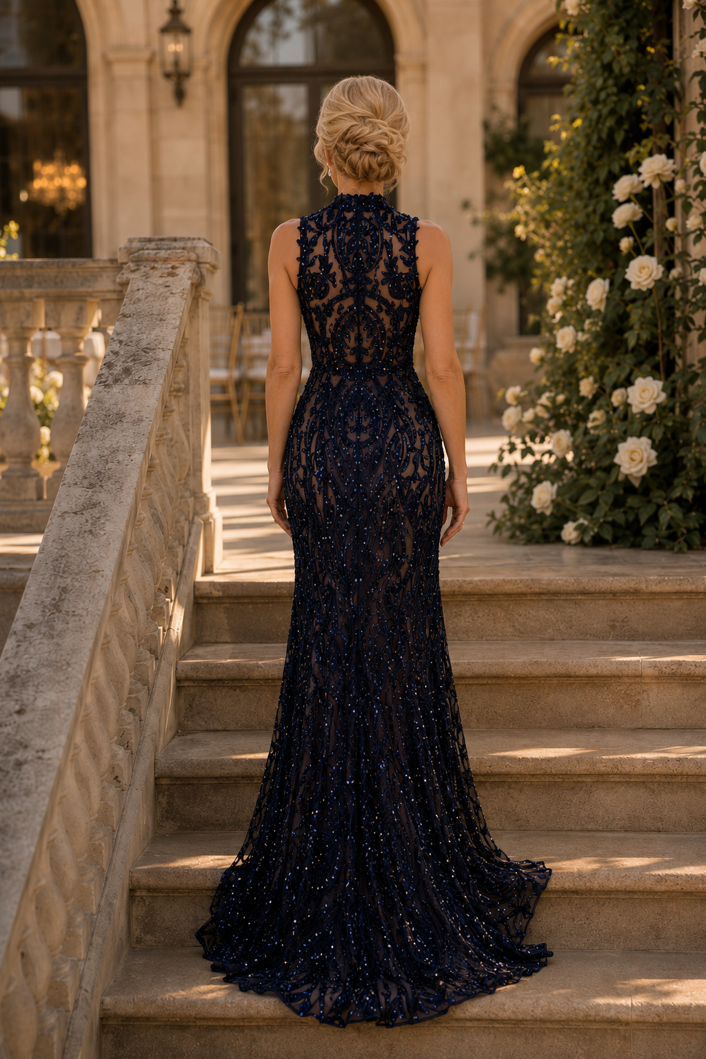 High-Neck Sequin Embellished Mermaid Evening Gown