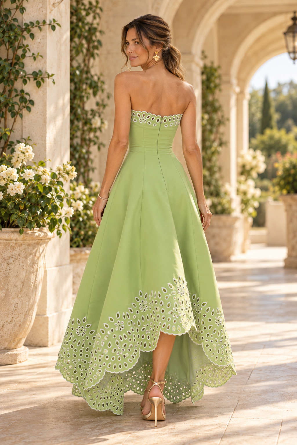 Strapless Eyelet Cut-Out High-Low Dress