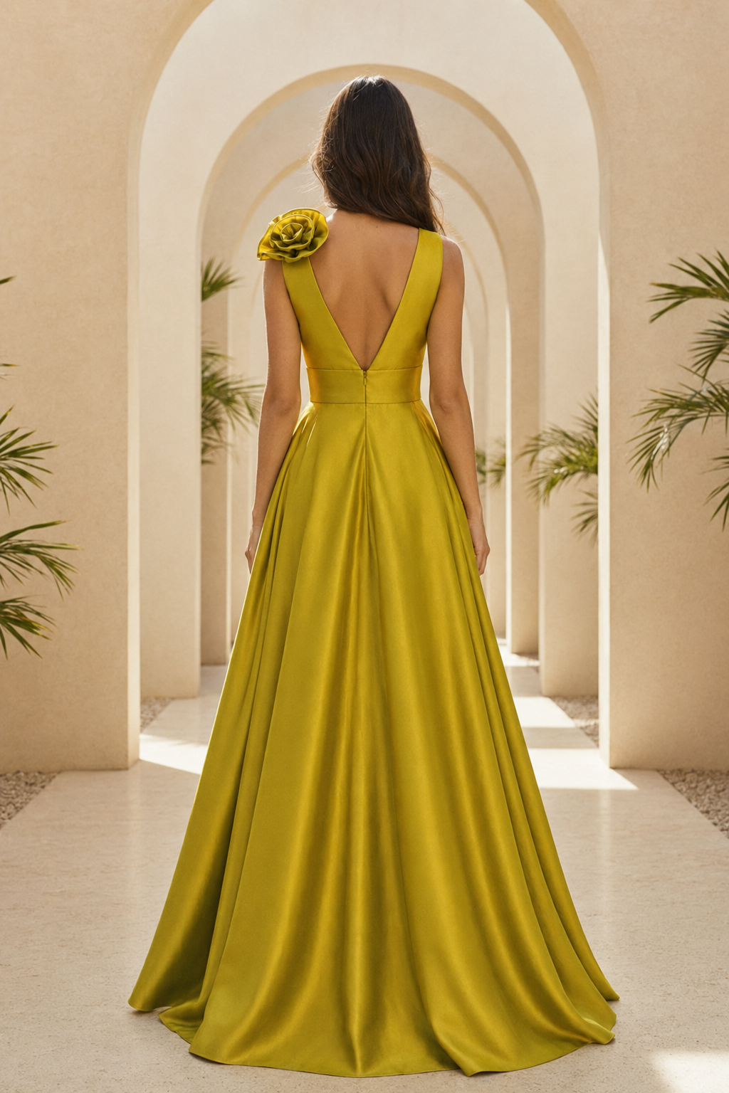A-Line Satin Gown with 3D Rosette and Slit