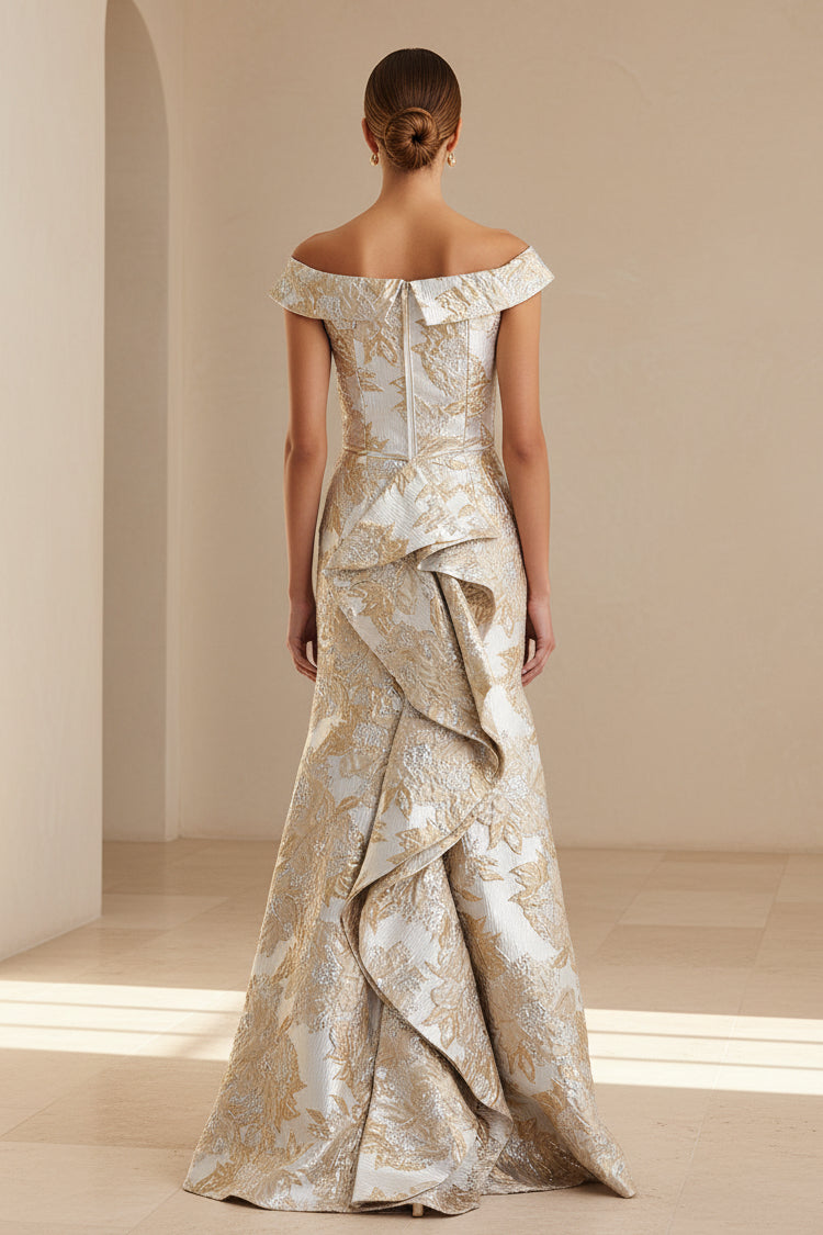 Off-the-Shoulder Jacquard Trumpet Gown