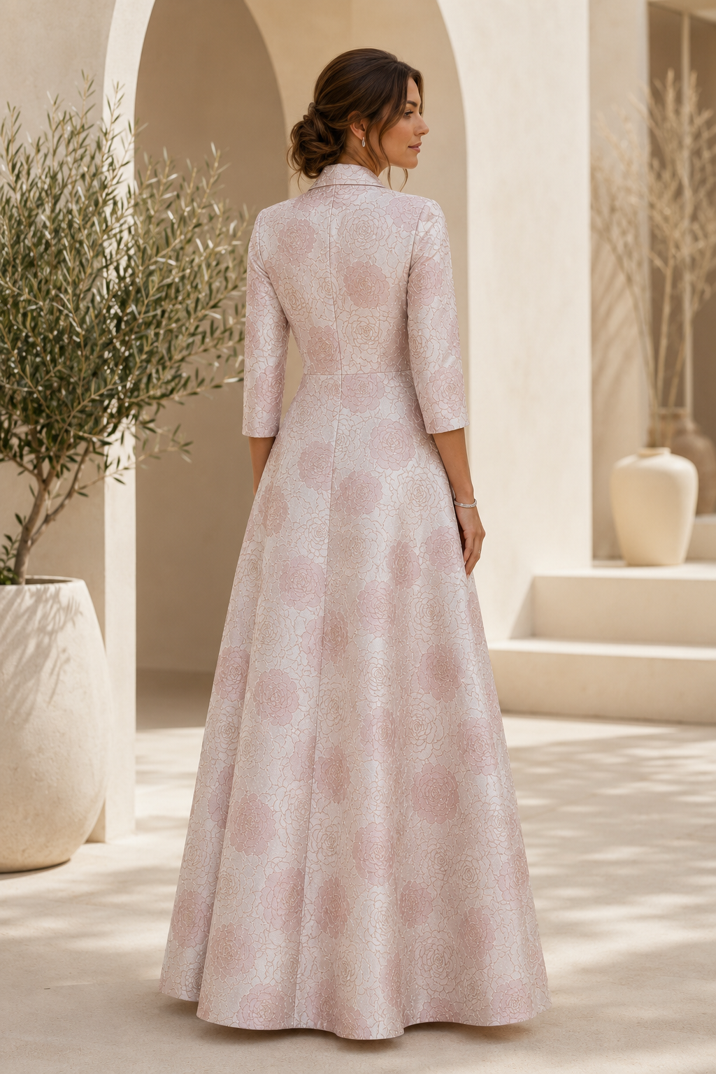 Floral Jacquard A-Line Gown with 3/4 Sleeves