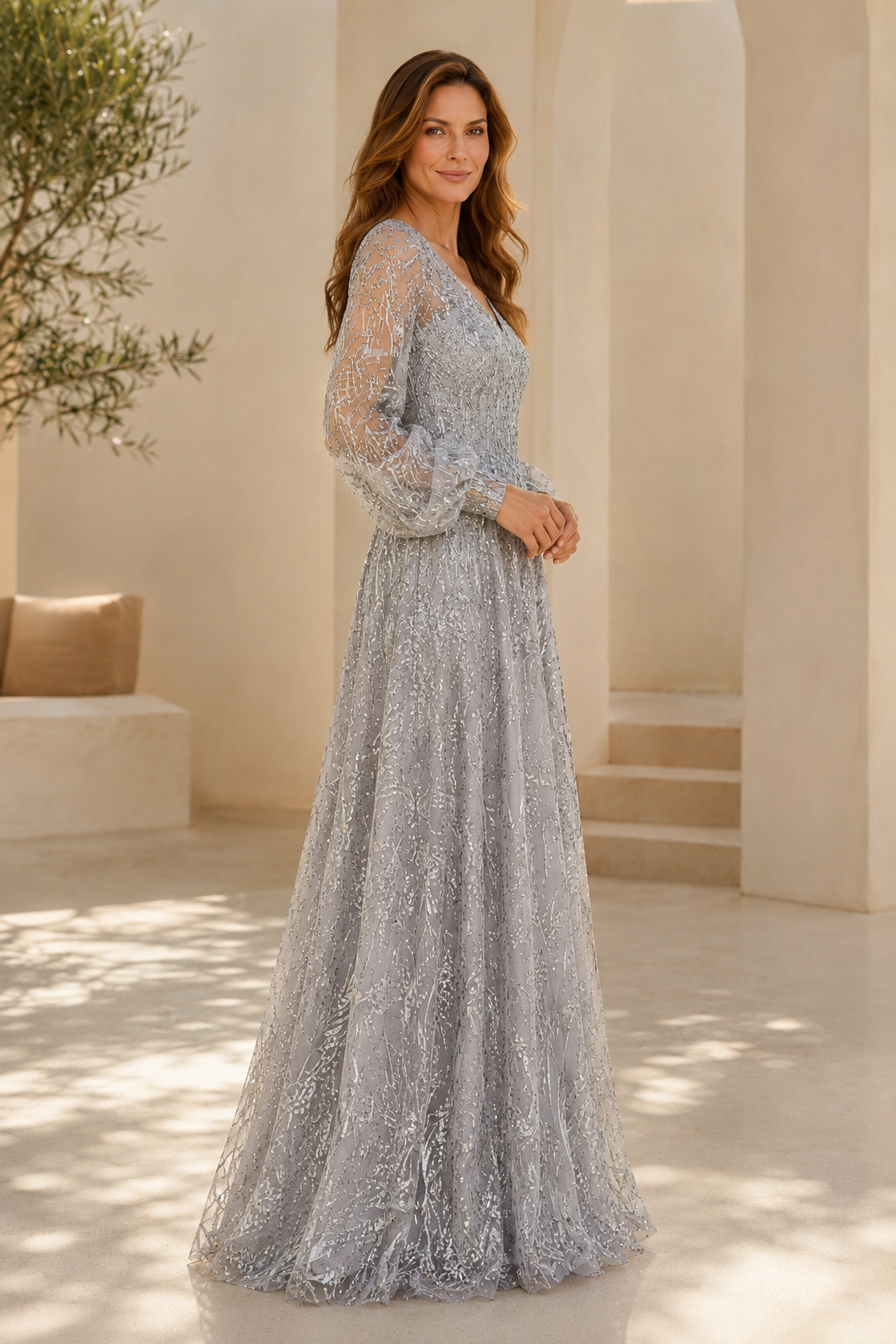 Long Sleeve Illusion Sequin A-Line Evening Gown