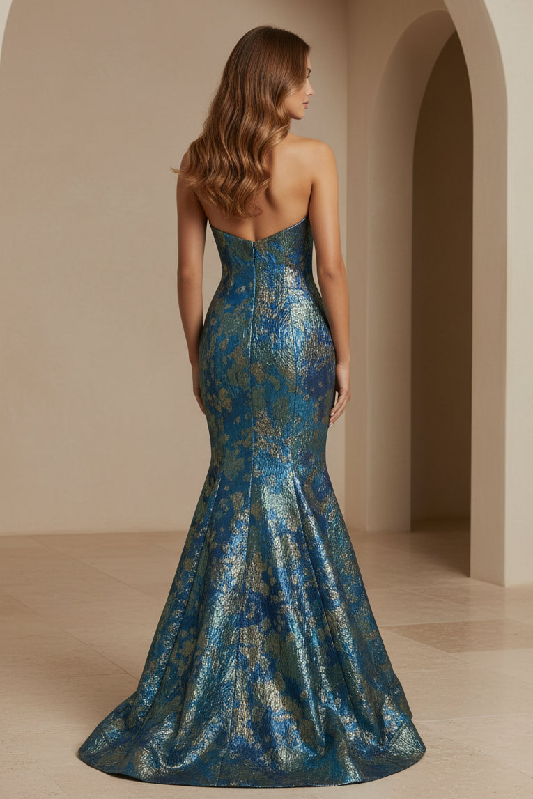 Strapless Metallic Jacquard Mermaid Gown with Shawl