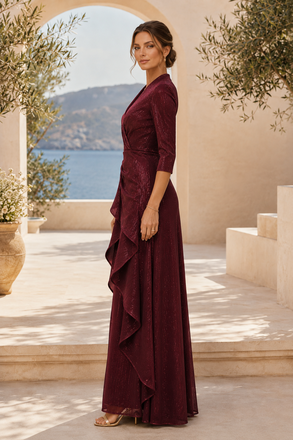 3/4 Sleeve A-Line Gown with Cascading Side Ruffle