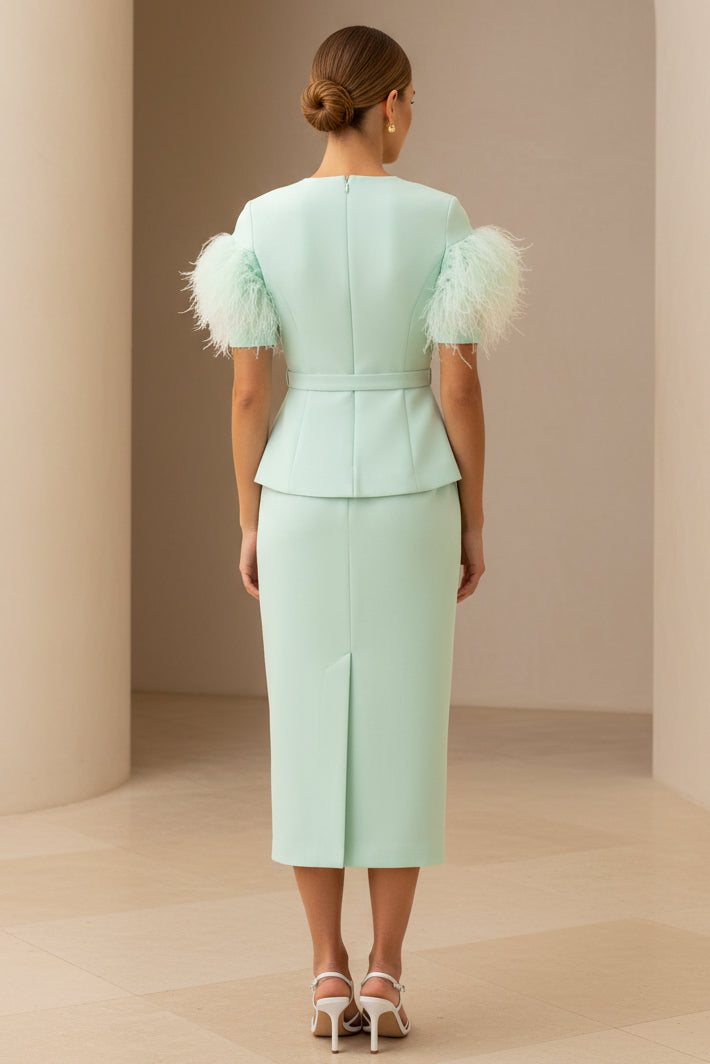 Elegant Peplum Midi Dress with Feather Sleeves