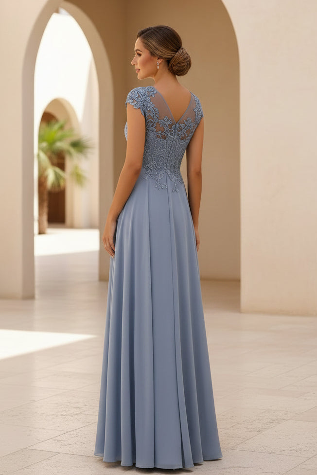 Cap Sleeve Lace Applique A-Line Chiffon Formal Gown