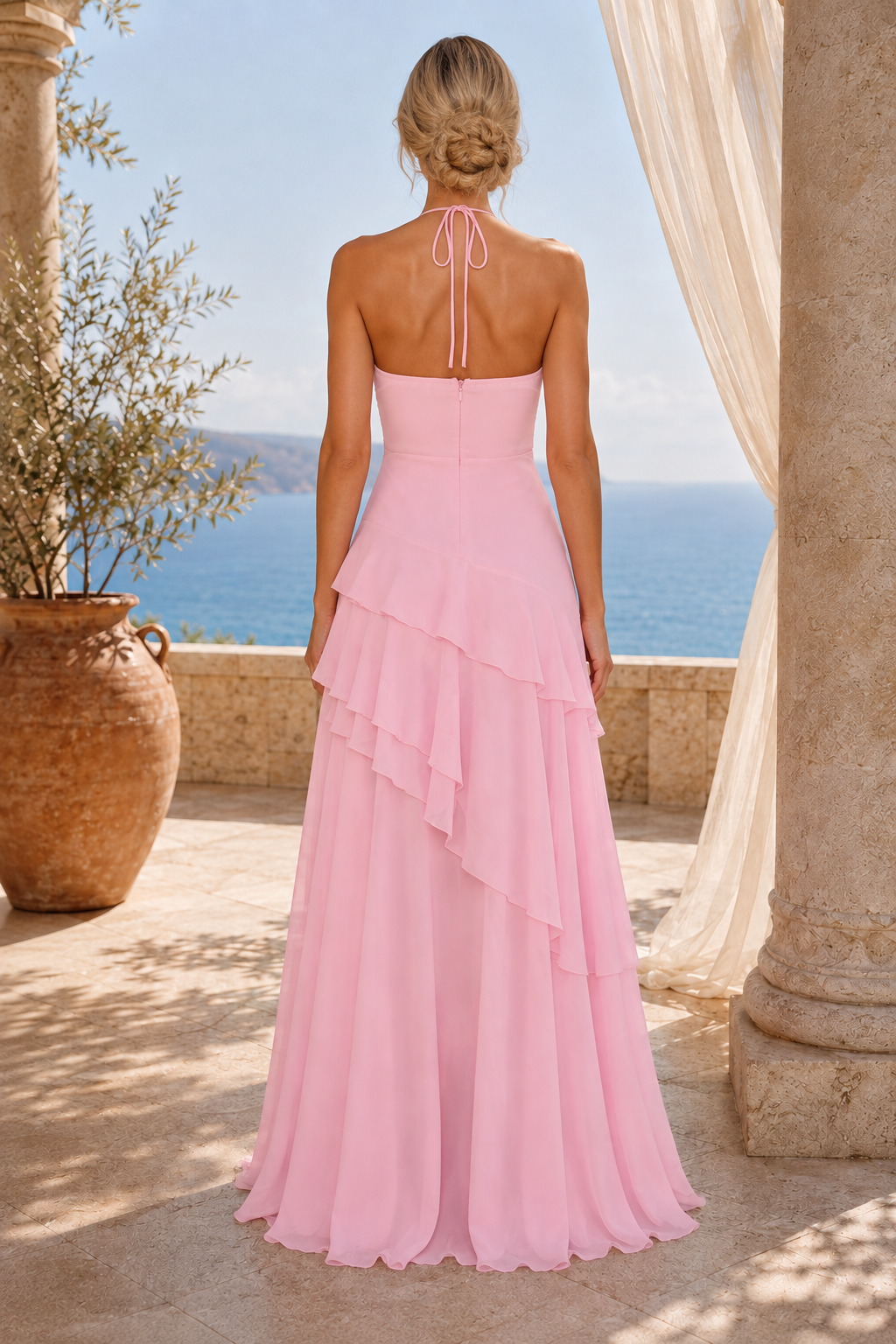 Halter Tiered Ruffle High-Low Evening Gown