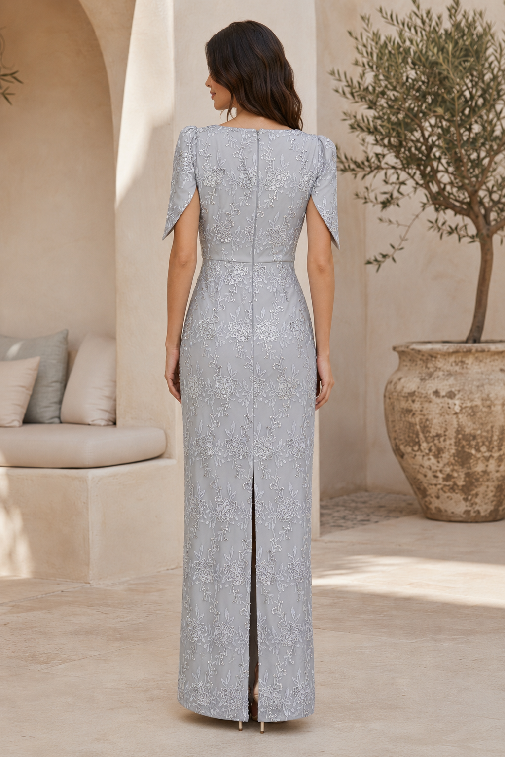 Floral Sequin Lace V-Neck Sheath Gown with Flutter Sleeves