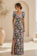 Floral Jacquard Sheath Gown with High Slit