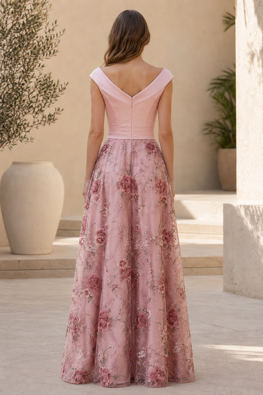 Off-the-Shoulder Floral A-Line Evening Gown with Pockets