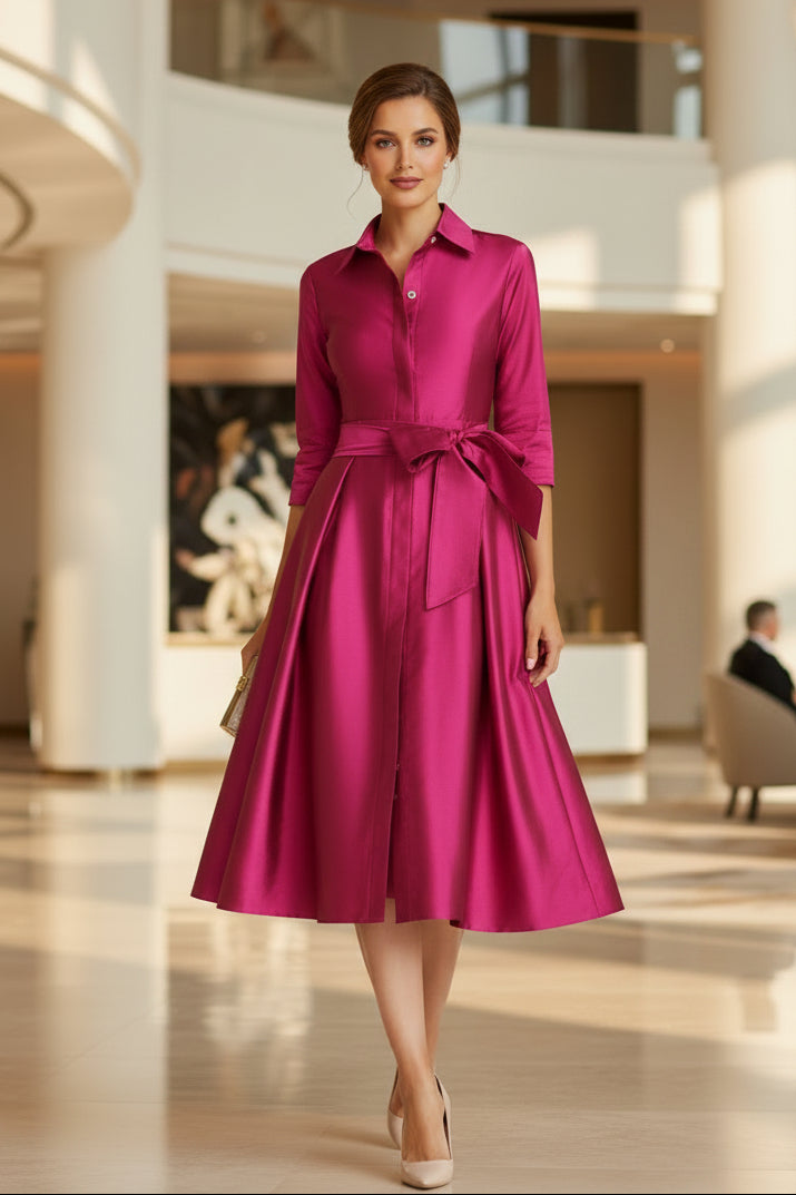 Satin Shirt Dress with Bow Belt & Full Skirt