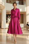 Satin Shirt Dress with Bow Belt & Full Skirt