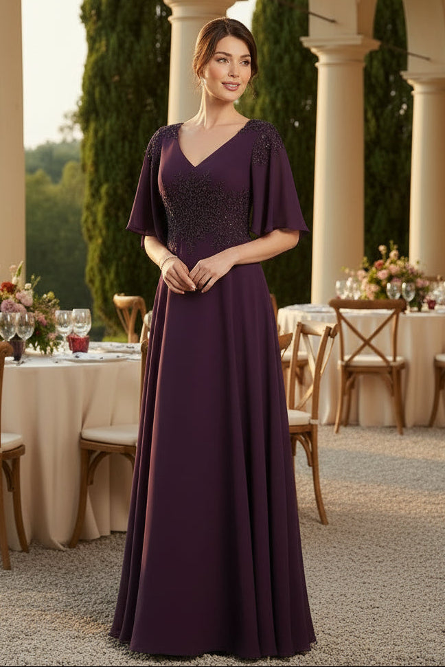 V-Neck Flutter Sleeve Chiffon Evening Dress