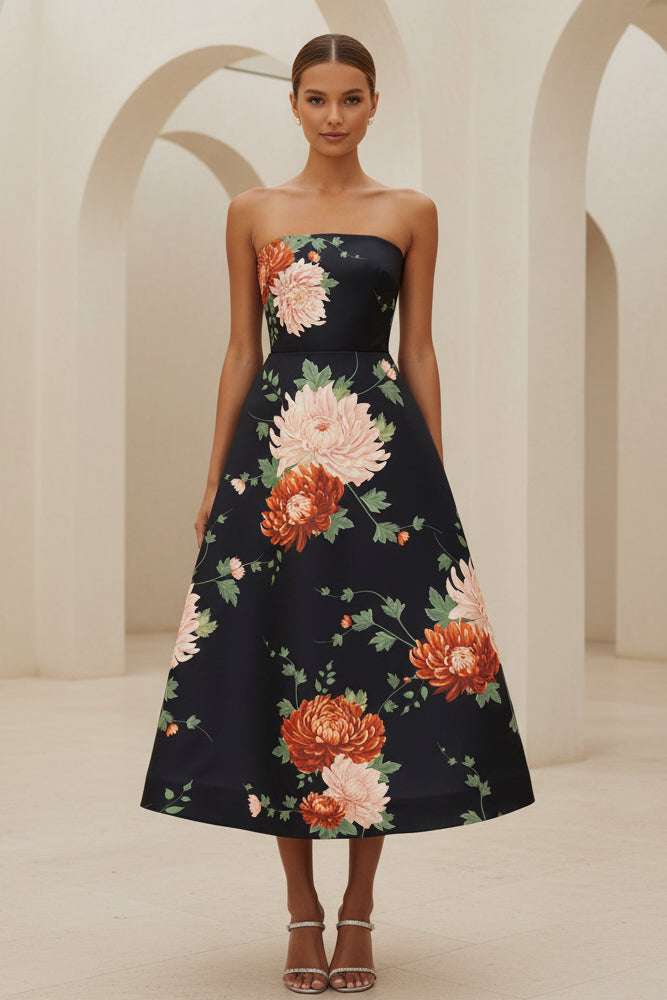 Strapless Floral A-Line Midi Dress