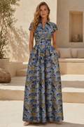 Floral Collared Short Sleeve Maxi Dress with Pockets