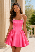 Strapless Satin Corset Mini Dress with Pearl Trim
