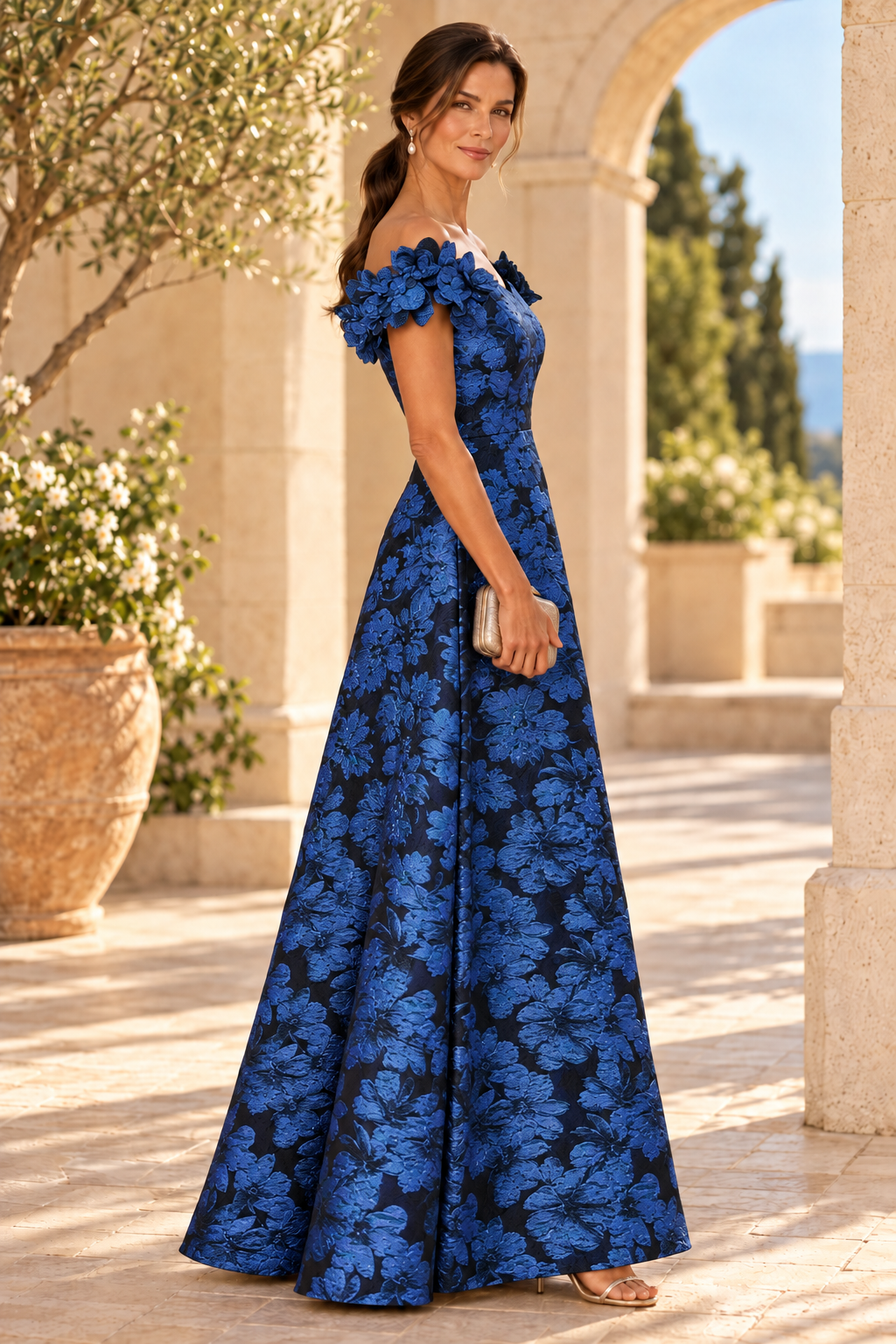 Floral Jacquard Off-Shoulder Gown with 3D Flowers