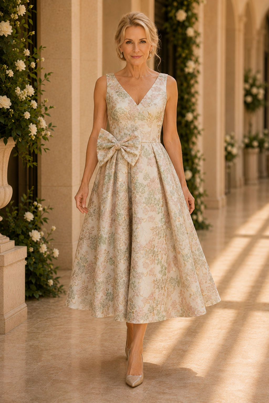 Floral Jacquard V-Neck Tea-Length Dress with Bow