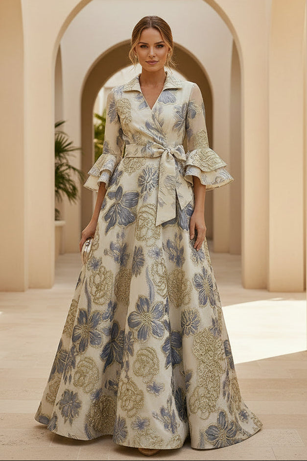 Floral Jacquard Wrap Gown with Ruffle Sleeves