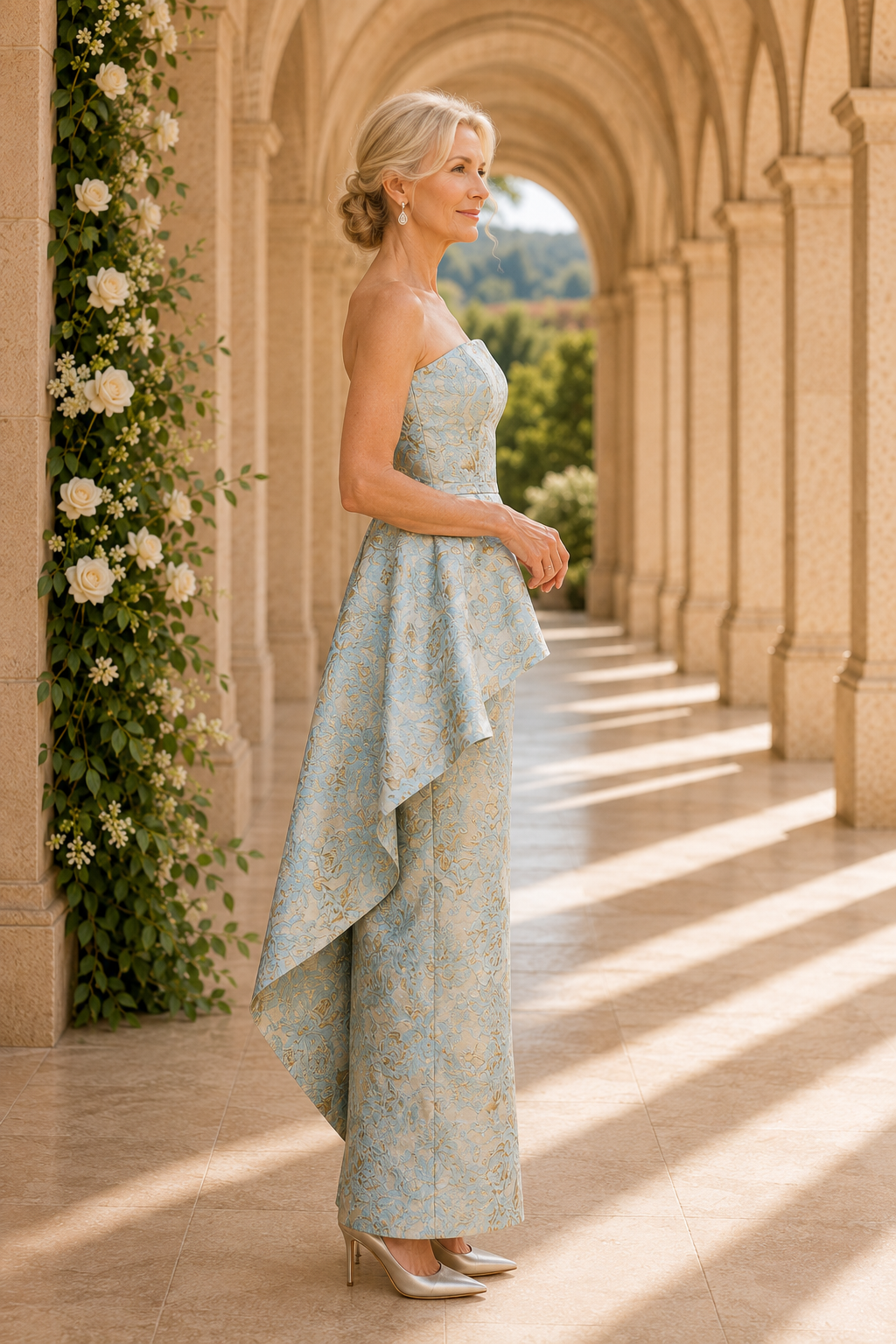 Strapless Jacquard Column Gown with Cascading Peplum