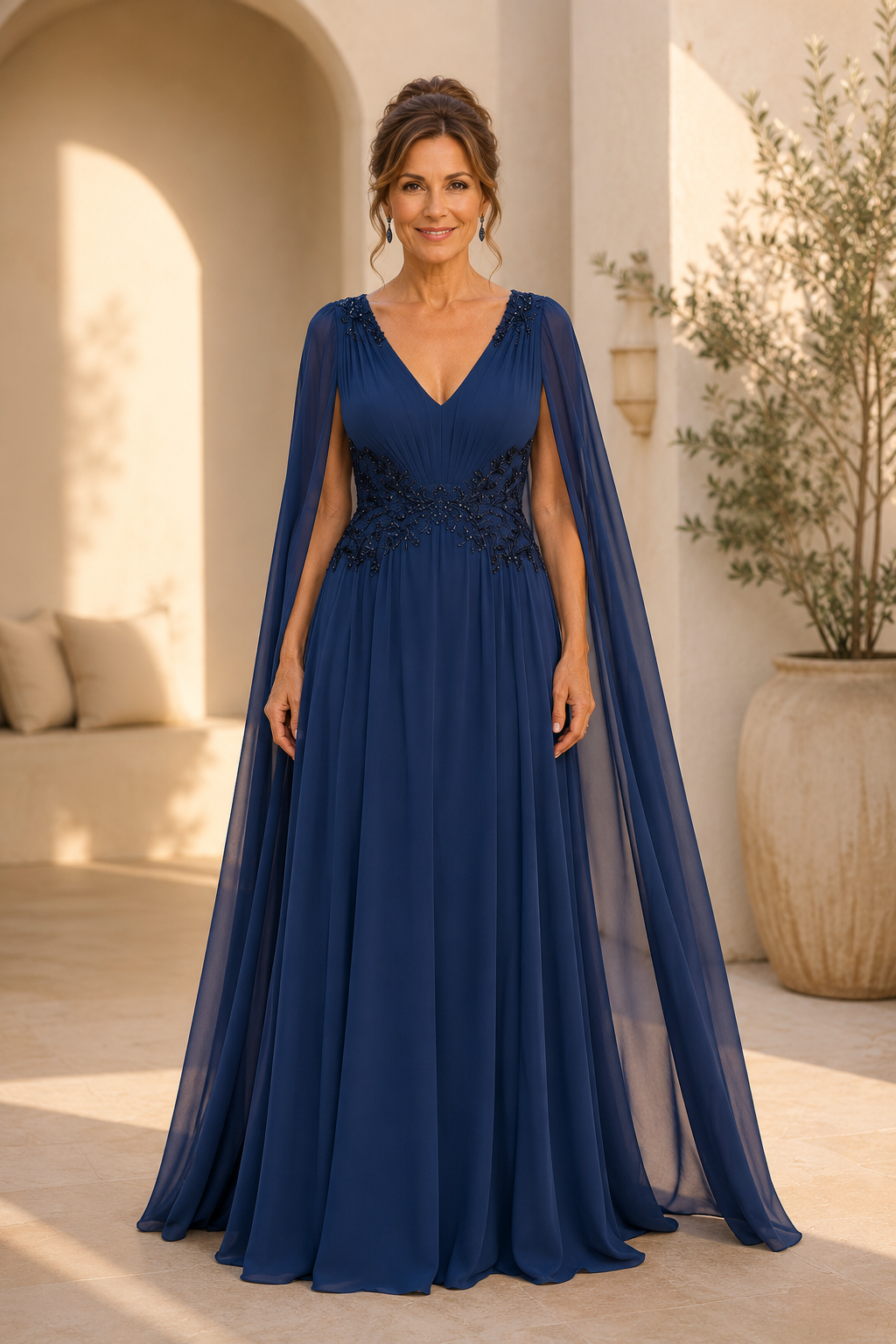 A-Linien Chiffon-Cape Abendkleid mit Perlenstickerei