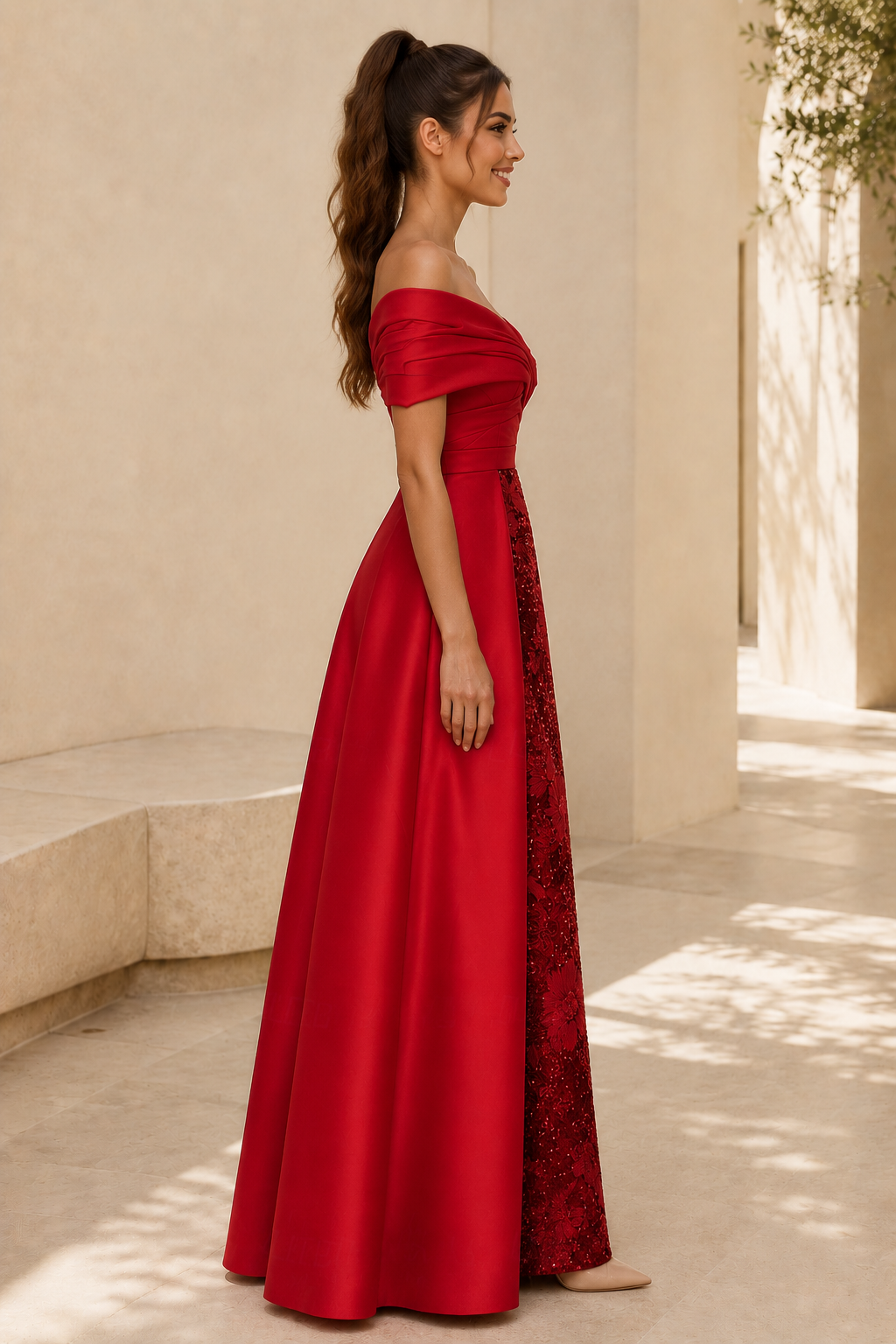 Off-the-Shoulder Gown with Floral Sequin Skirt