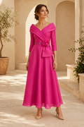 Portrait Neckline A-Line Dress with Rosette